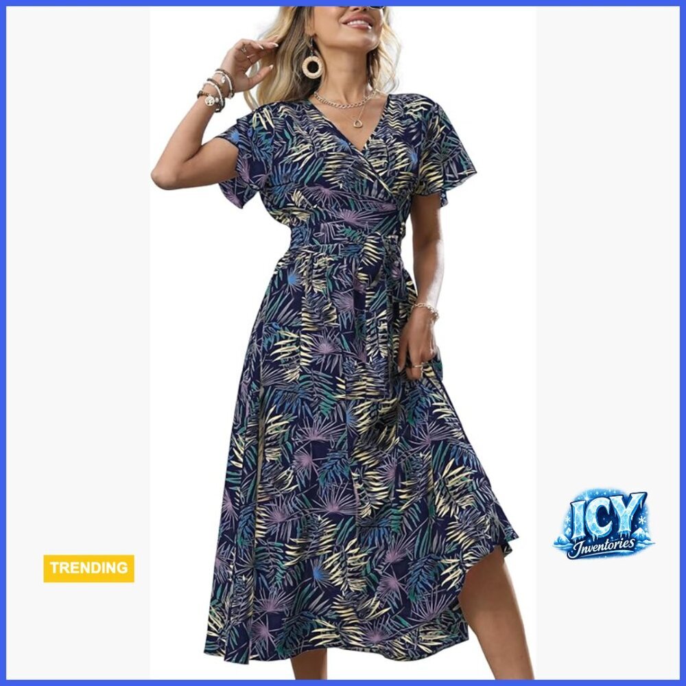 Cotton Blend Wrap Midi Dress with V-Neck and Ruffle Trim